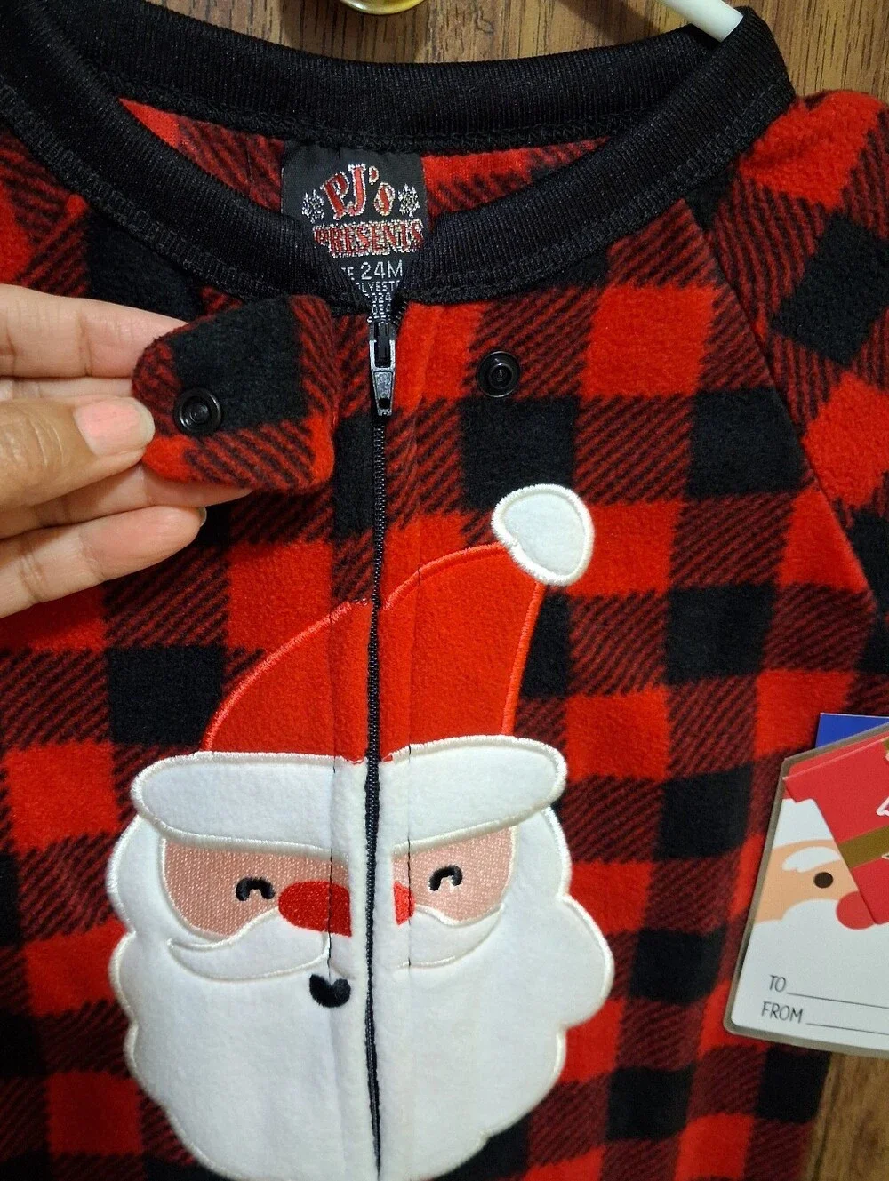 Kids Red and Black Buffalo Plaid Santa One-Piece Pajamas